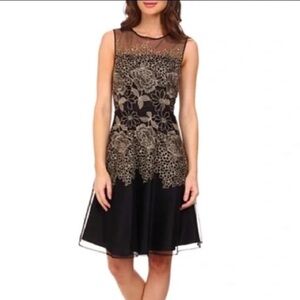 TAHARI GOLD AND BLACK LACE DRESS
